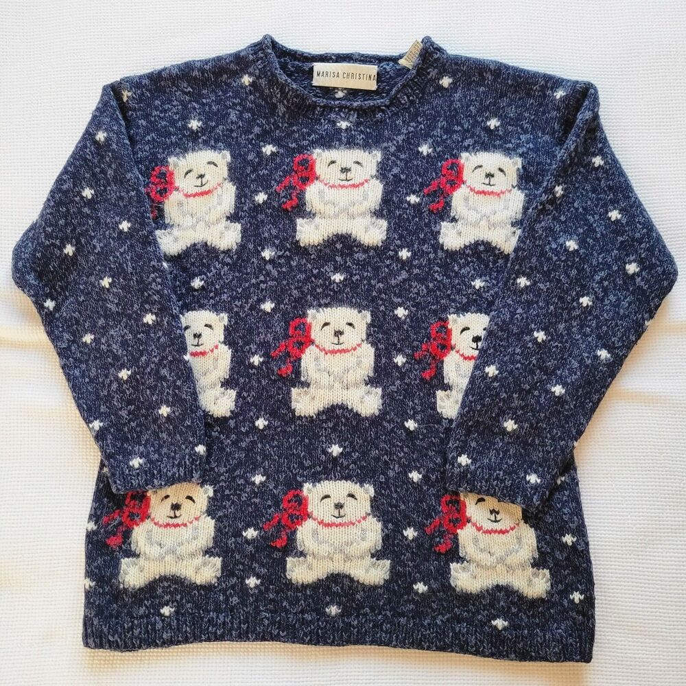 Vintage MARISA CHRISTINA Teddy Bear Sweater Sz S Wool Blend 3/4 Sleeve Christmas
